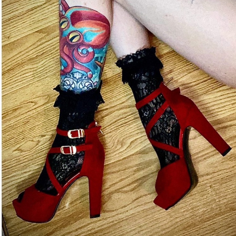 Red 5in Cross Strap Heels